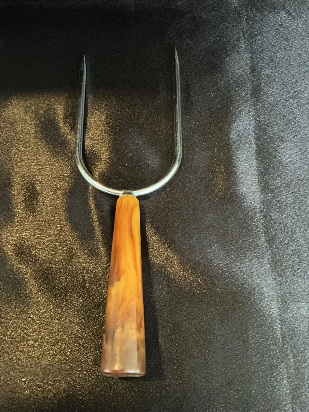 Vintage Stainless Steel Carving Fork with  Butterscotch Marbled Bakelite Handle